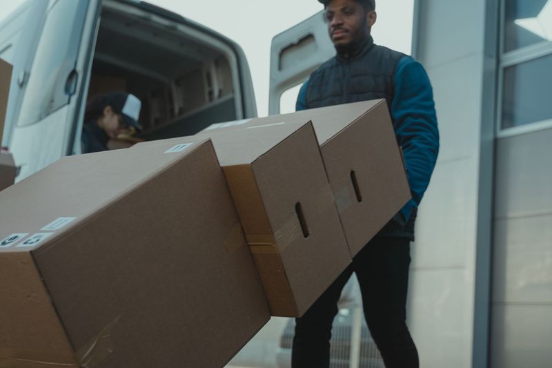 Movers carefully guiding boxes through an apartment hallway in Phoenix